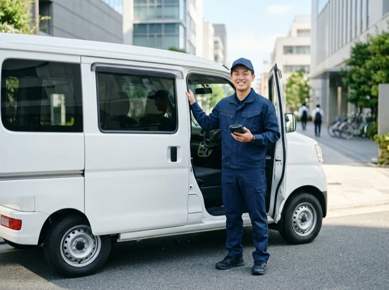 軽トラックのそばに立ち稼働を開始した独立ドライバー