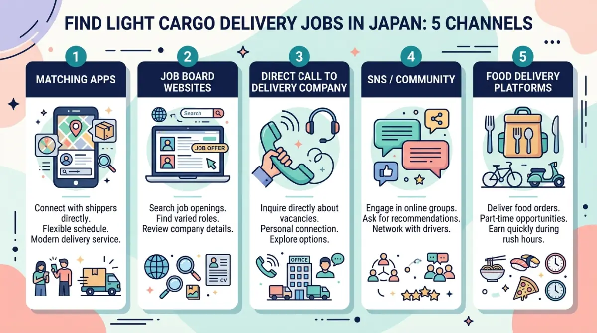 軽貨物の案件を探す5つの方法（マッチングアプリ・求人サイト・直接営業・SNS・フードデリバリー）