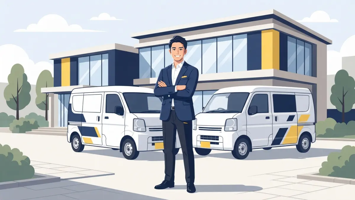 軽貨物で法人化し事業拡大を目指す経営者と複数の軽バンのイメージ