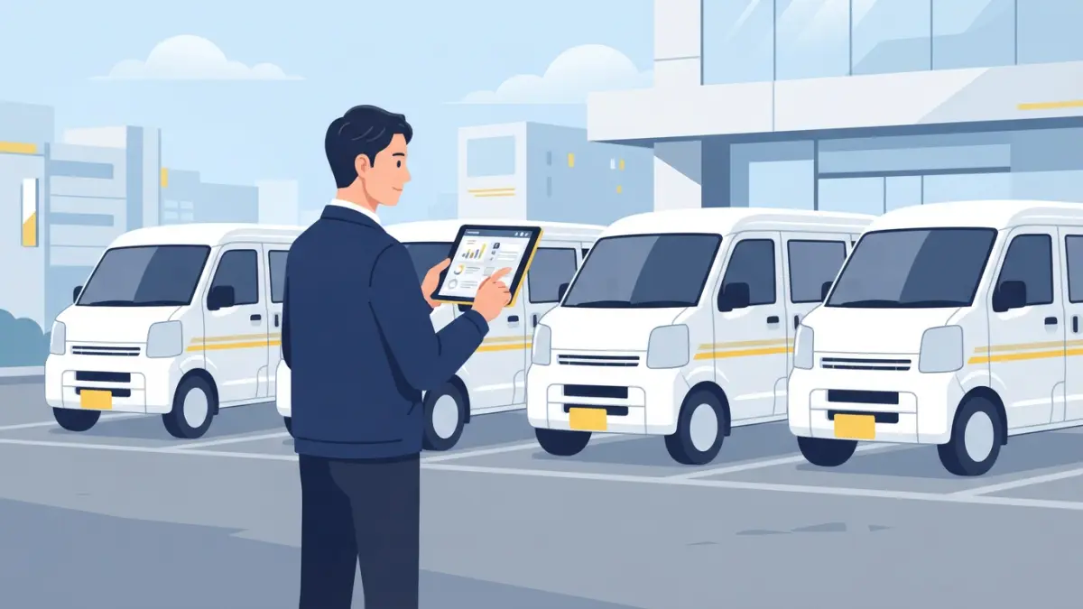 法人化した軽貨物事業者が複数車両をタブレットで管理するイメージ