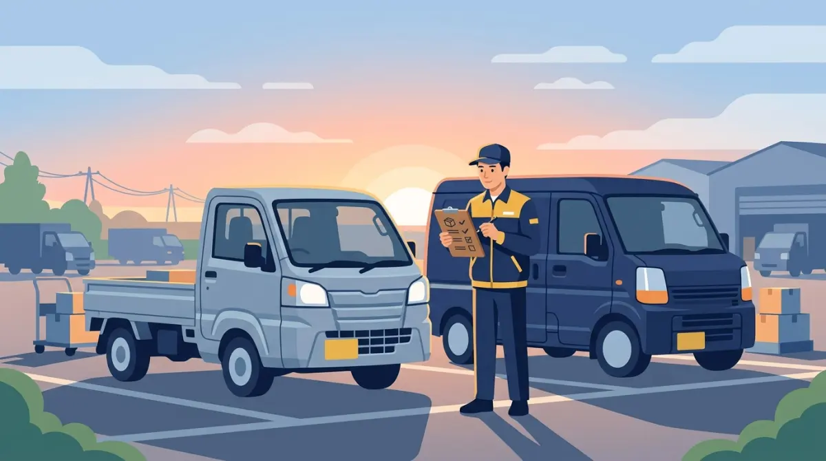 軽貨物ドライバーが朝に車両点検をして1日の配送を始める様子