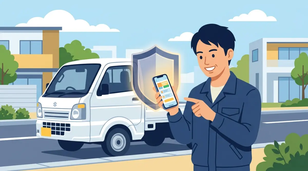 任意保険手続きを終えた軽貨物ドライバーが軽マッチで案件を確認するイメージ