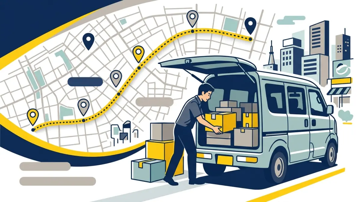 軽貨物ドライバーが効率的なルートで荷物を積み込み配達するイメージ