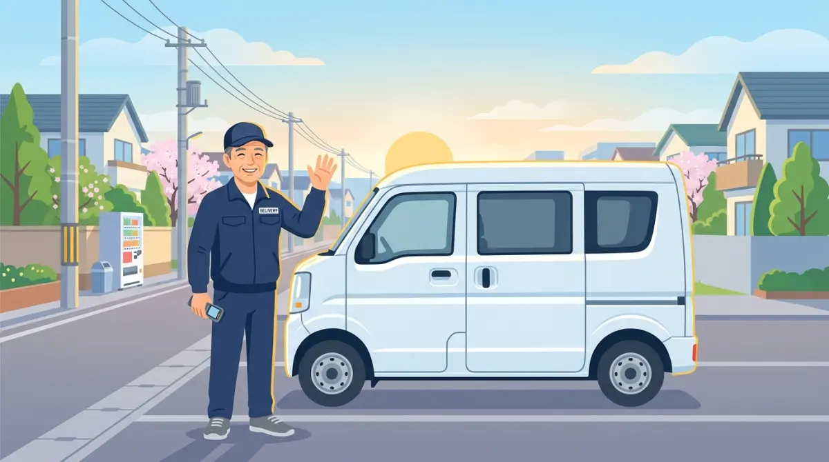50代男性ドライバーが軽貨物車両のそばで仕事を始めるセカンドキャリアのイメージ