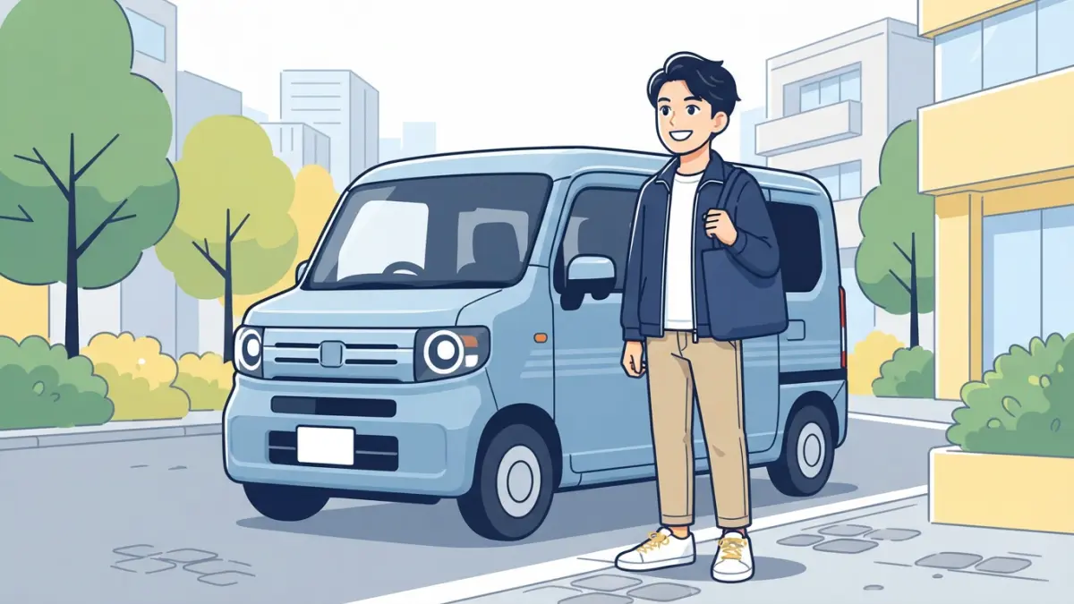 軽貨物を未経験から始めようとするドライバーが軽バンの前に立つイメージ