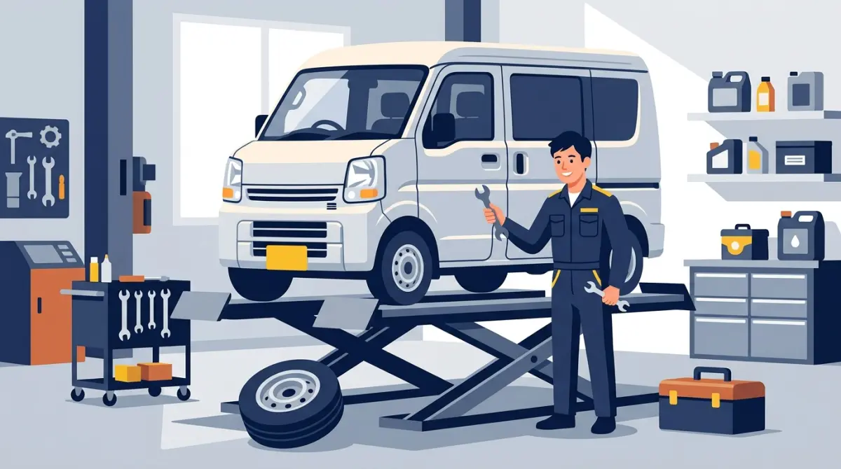軽貨物の軽バンを整備工場で車検・メンテナンスするイメージ