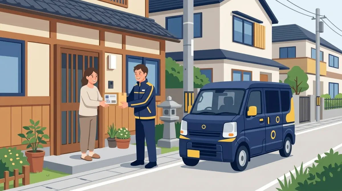 軽貨物の宅配ドライバーが軽バンで住宅街に荷物を配達するイメージ