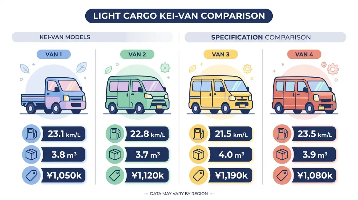 軽バン主要4車種（N-VAN/エブリイ/ハイゼットカーゴ/NV100クリッパー）のスペック比較インフォグラフィック