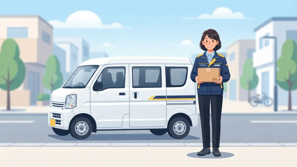 女性の軽貨物ドライバーが笑顔で荷物を持ち軽バンのそばに立つイメージ
