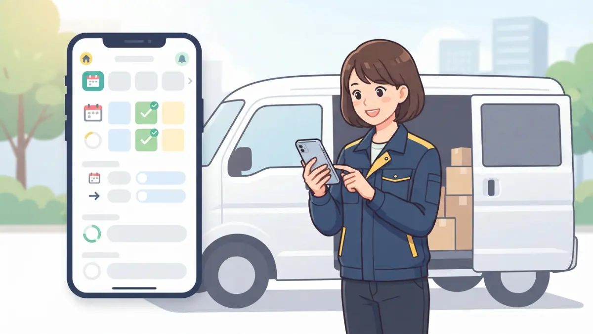 女性の軽貨物ドライバーがアプリで自分の都合に合う案件を選ぶイメージ