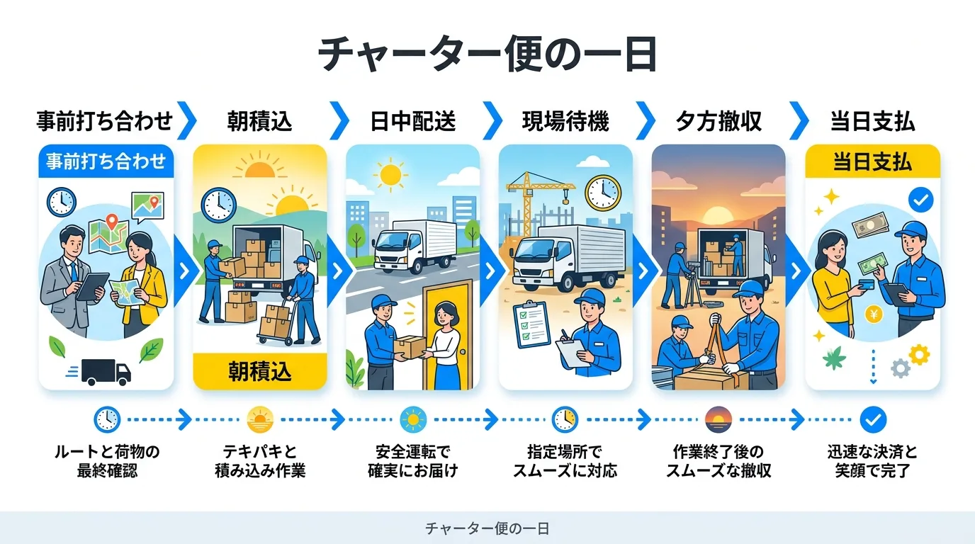 チャーター便1日の流れ（打合せ→積込→搬入→待機→撤収）