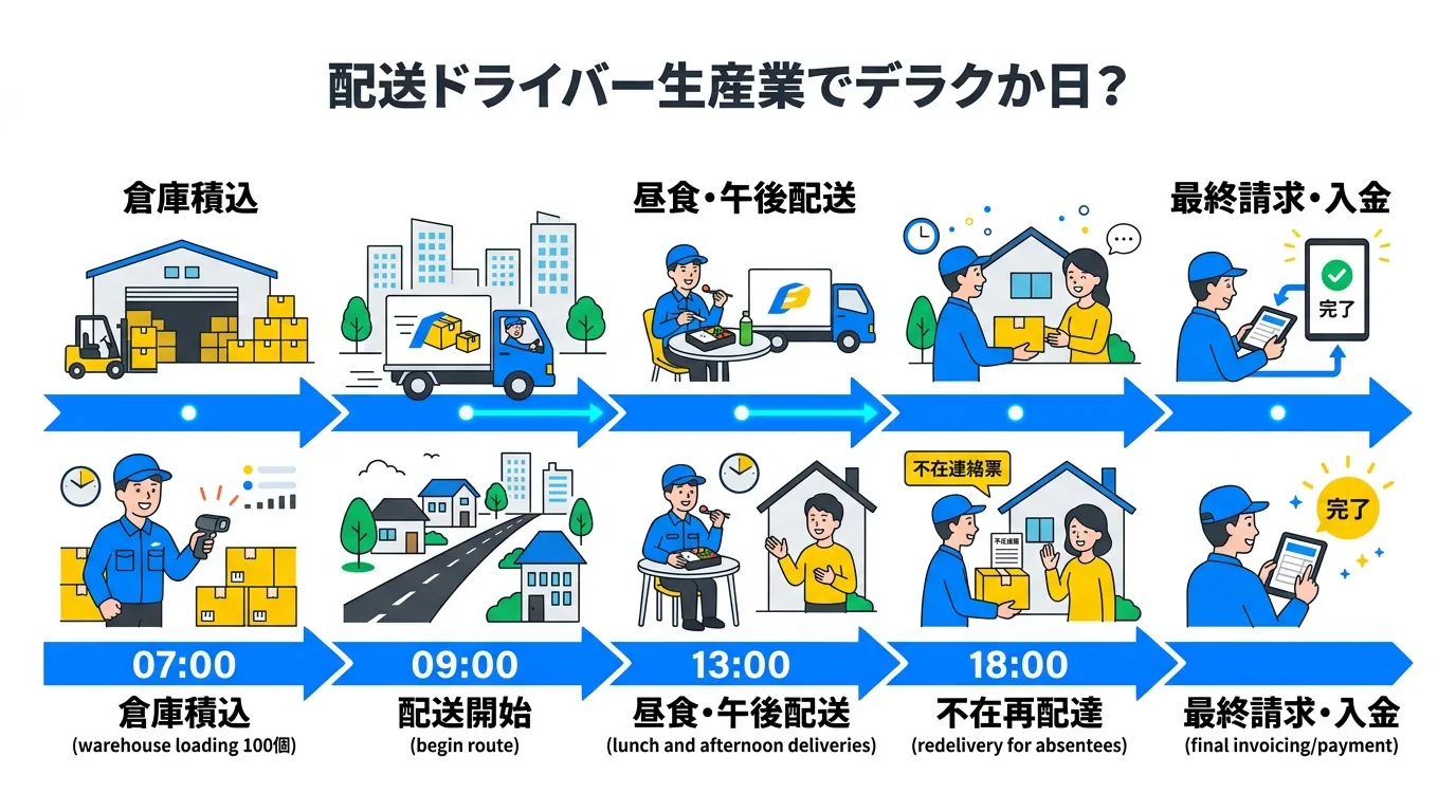 宅配・デリバリー1日の流れ（積込→配送→不在再配達）
