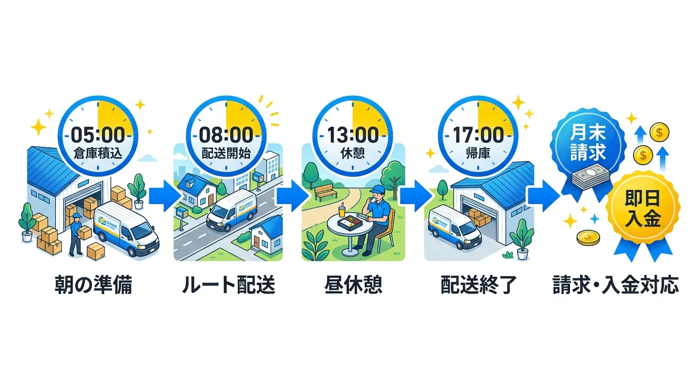 ルート便1日のタイムスケジュール（早朝集荷→配送→帰庫）