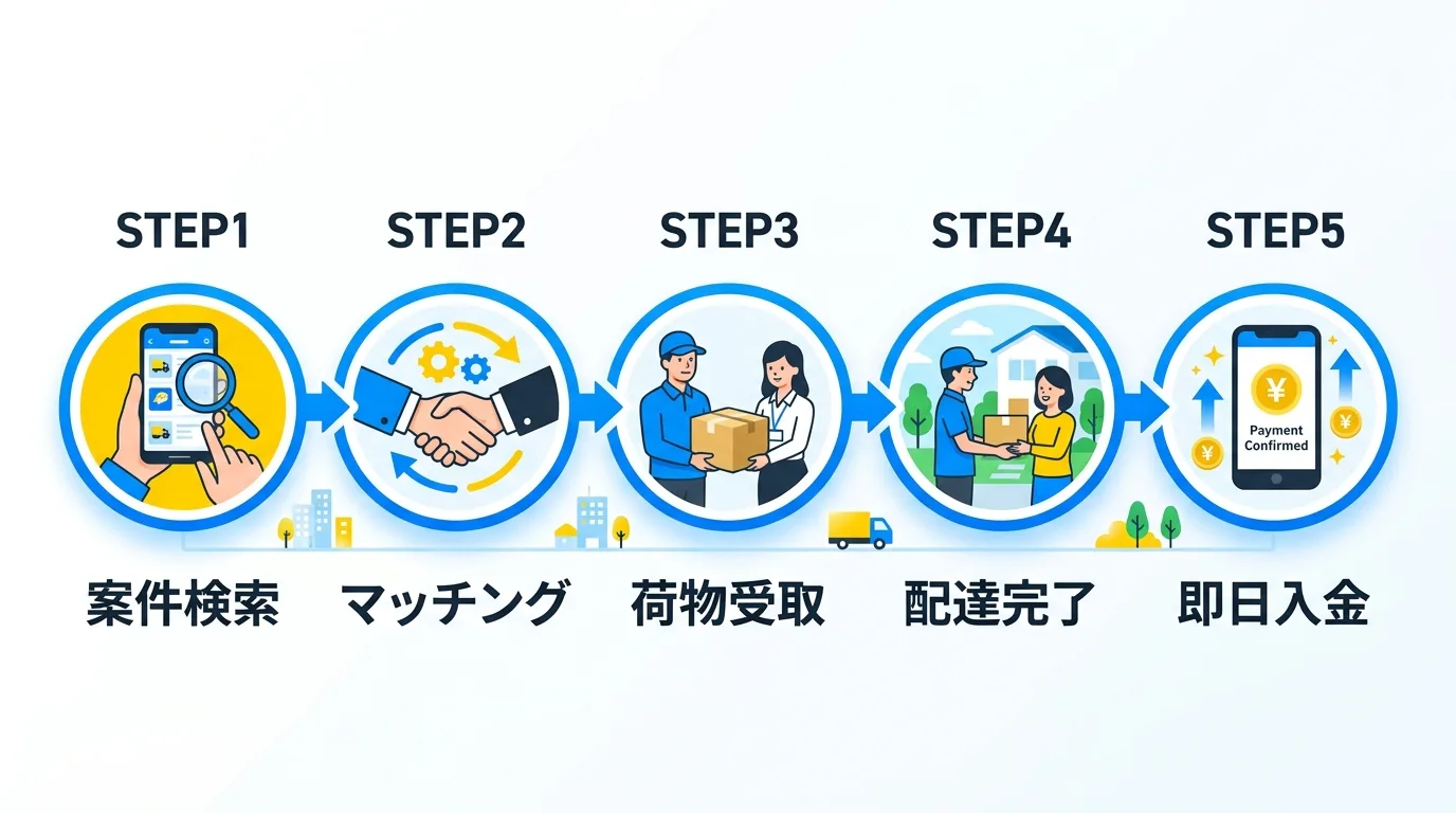 スポット案件1日の流れ（受注→マッチング→配送→入金）