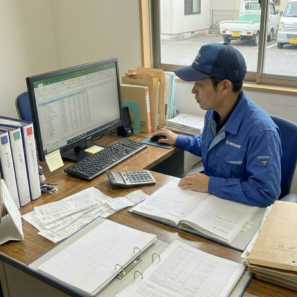 オフィスでパソコンを使って経理作業をする配送業者