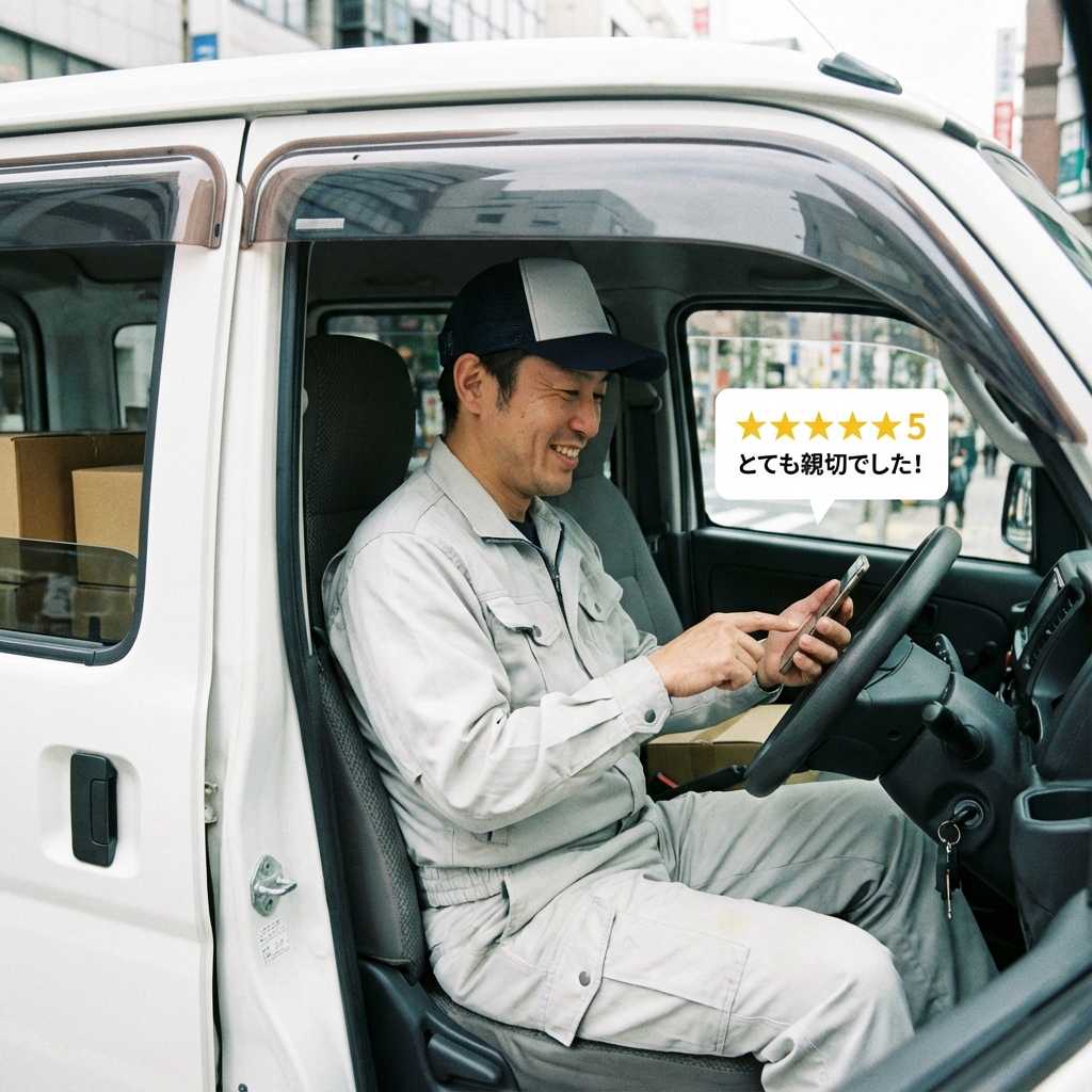 配送車内でスマートフォンを見て笑顔の配送ドライバー