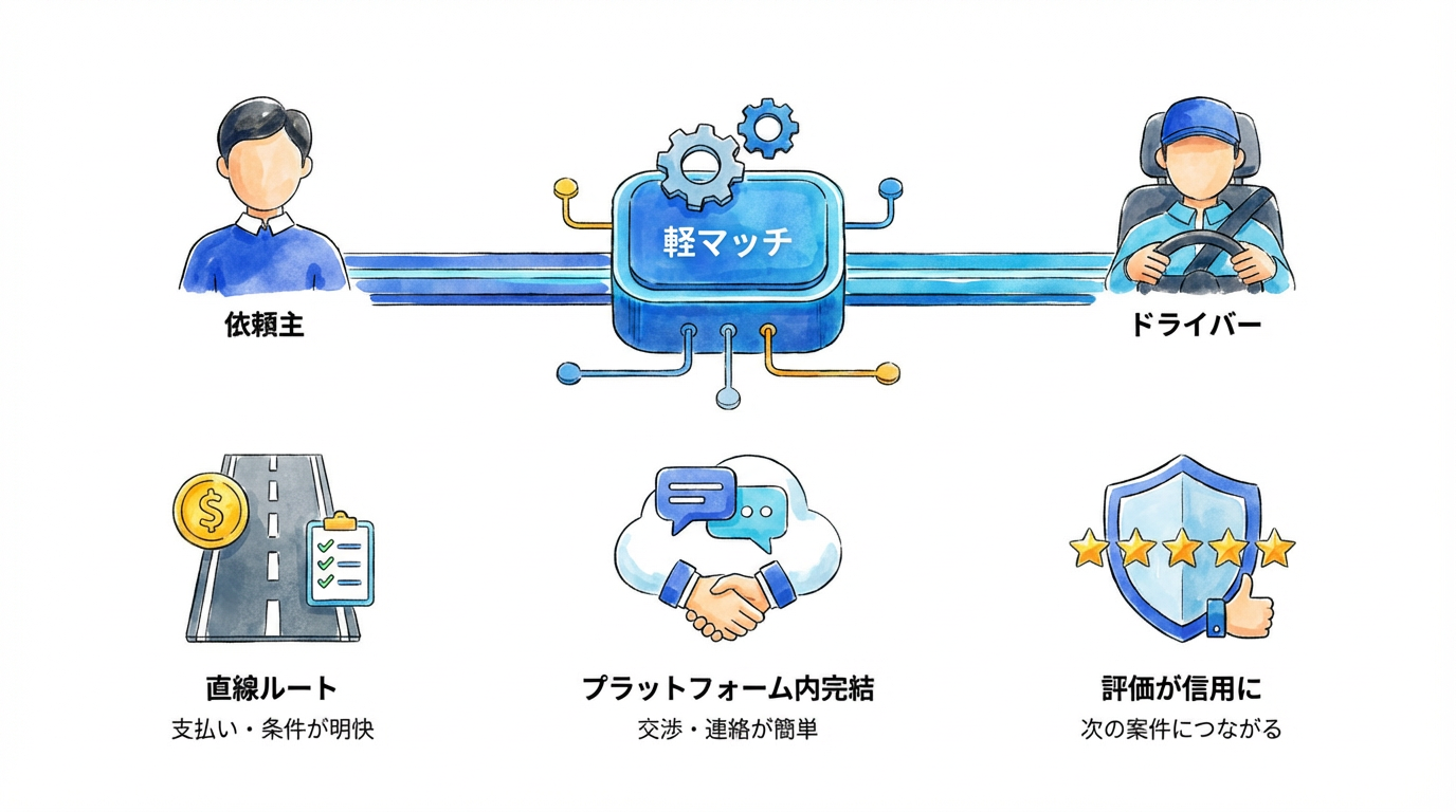 軽マッチの仕組み - 依頼主とドライバーを直接つなぐプラットフォーム