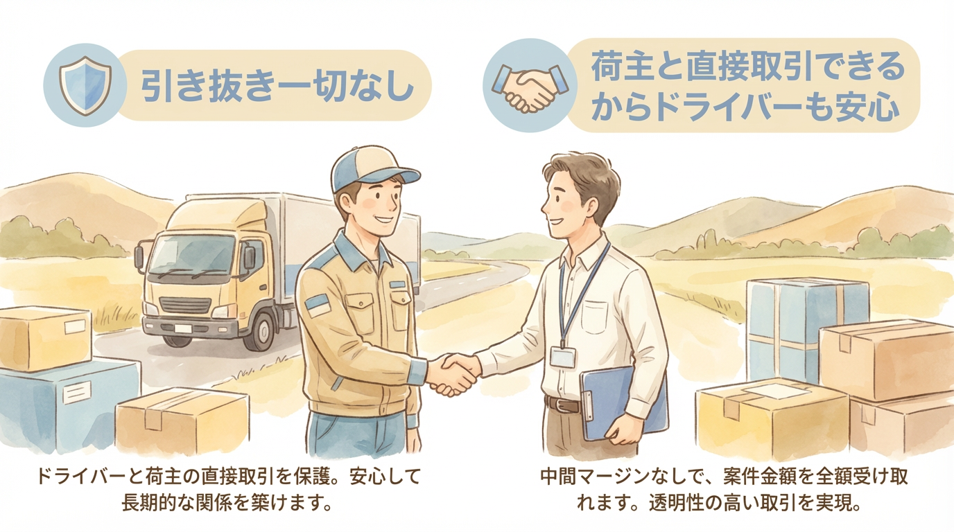 軽マッチの安心ポイント：引き抜き一切なし、荷主と直接取引できるからドライバーも安心